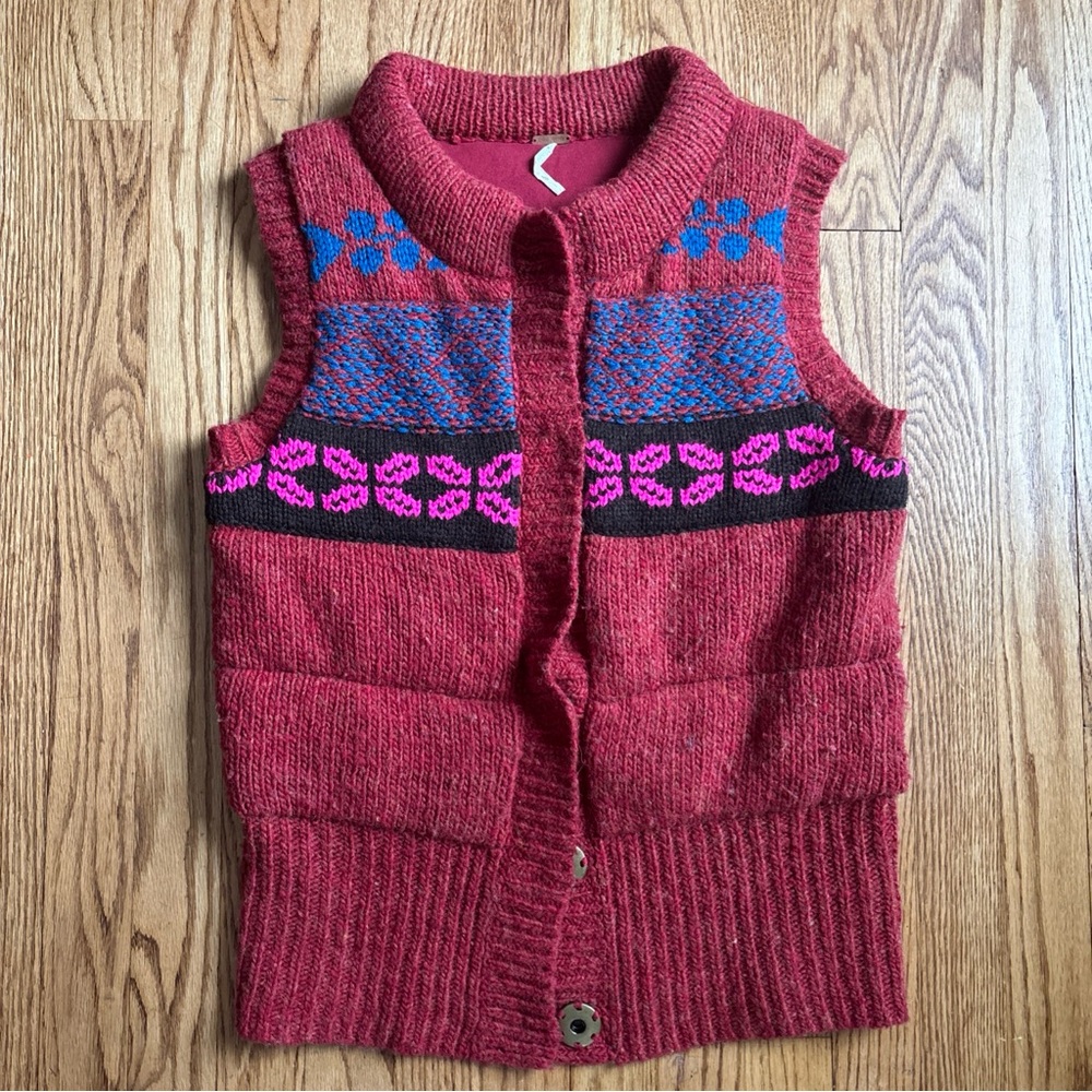 Free People Womens Fair Isle Wool Blend Red Nordic Knit Puffer Vest Size Large
